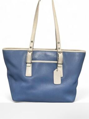 Vintage COACH Blue Leather Tote Shoulder Bag Purse White Trim 9847 Legacy Market